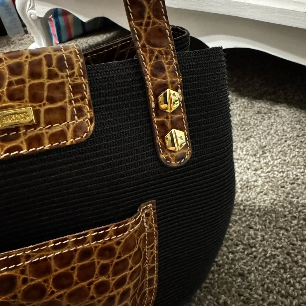 Eric Javits Black Island Tote Bag with Brown Croc-Trim and Gold Hardware - Picture 8 of 12